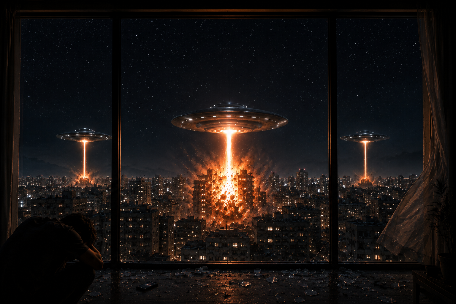 UFOs greifen nachts eine Stadt an